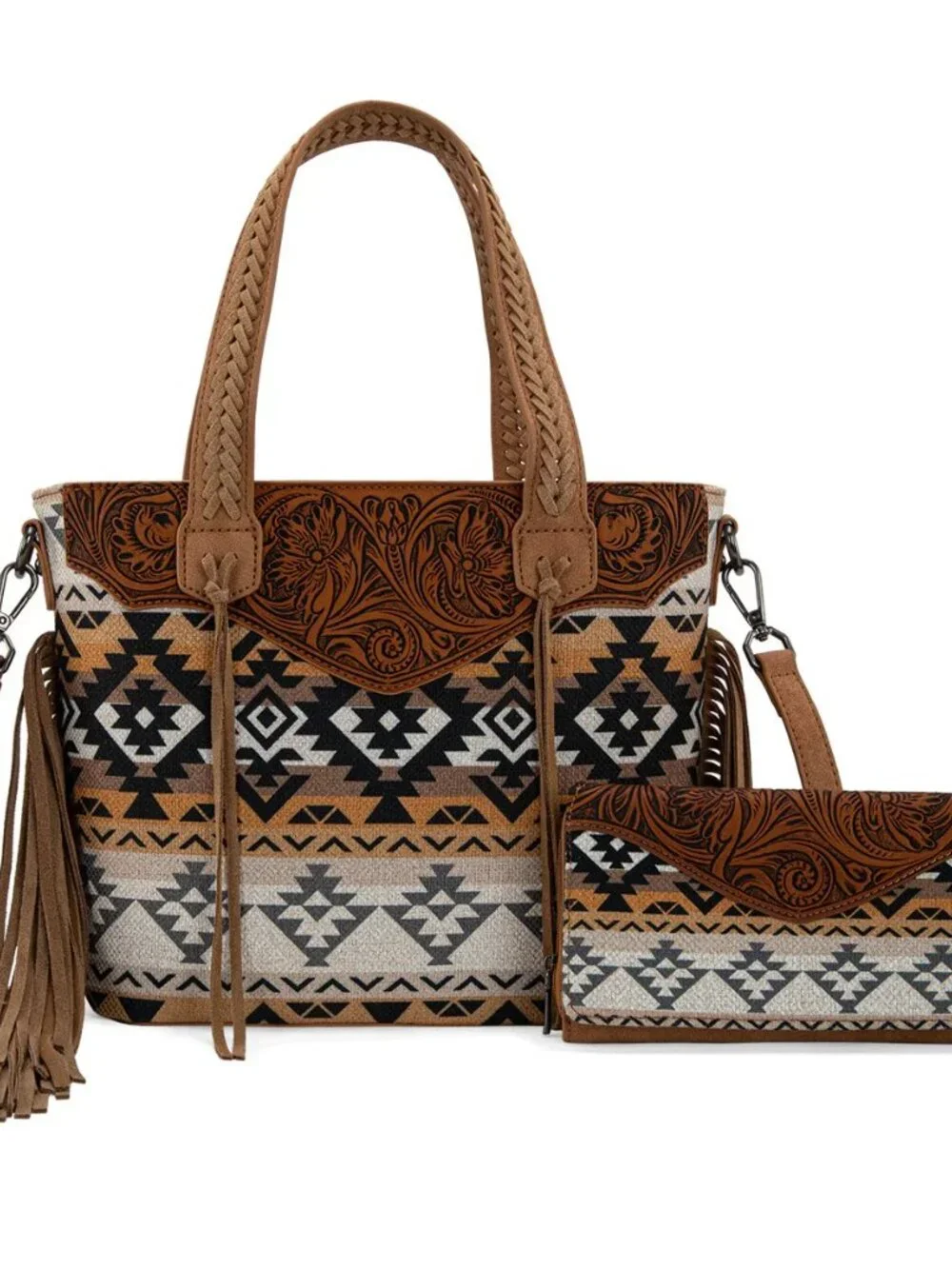 Montana West Tooled Aztec Tote/Crossbody with Wallet Set - Tan